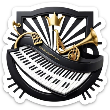 Create an elegant and festive emoji collage representing keyboard instruments, styled like a heraldic emblem. The design should feature a central focal point of black and white piano keys, arranged in a semi-circular or shield-like shape. Around the piano keys, add intertwining musical notes that form flowing ribbons, creating a dynamic and celebratory atmosphere. The design should be professional, with polished silver and gold accents on the keys and notes, highlighting the luxury and sophistication of the instruments. Add subtle shading and lighting effects to give the design a refined, 3D appearance. The background should remain transparent, and the overall feel should evoke grandeur, artistry, and a sense of celebration. sticker
