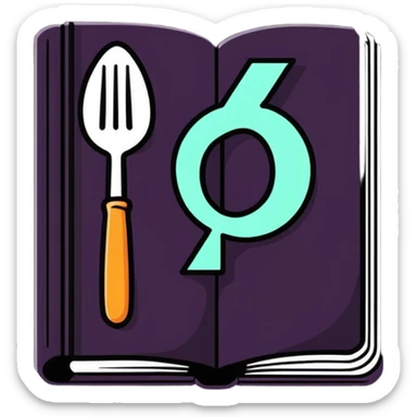 Fantasy spellbook-style cookbook with ethereal fork and spoon symbol glowing on the cover, magical recipes collection sticker