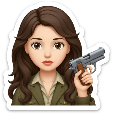A brunette with long wavy hair girl who is about to kill herself with a littlr gun pointed at her temple sticker
