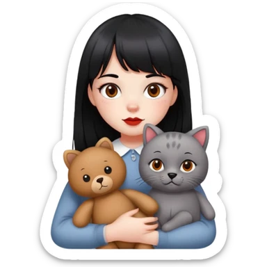 girl,white face,black eyes,red cheeks,a dot on the bam,long black hair with bangs,holding a British grey cat and a brown teddy bear sticker