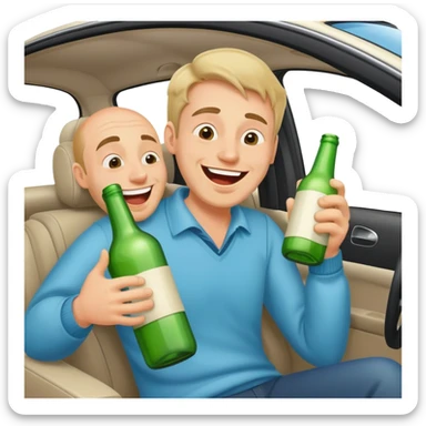 a drunk man holding a bottle fooling around laughing in a car sticker