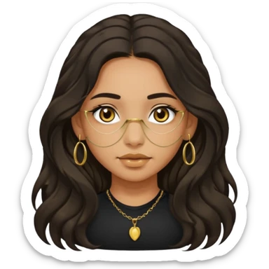 Girl with olive skin, very dark brown eyes and dark wavy long hair. wearing black shirt and gold nose ring sticker