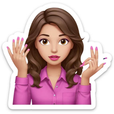 girl with long wavy brown hair, brown eyes, light to medium complexion, in a pink shirt, pink lips, long lashes, puckered lips, showing off painting long nails sticker