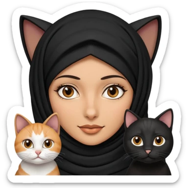 A Arabic woman human with brown eyes and black hijab. , two cats, the both cats have the colour black and white in the same colour,   sticker