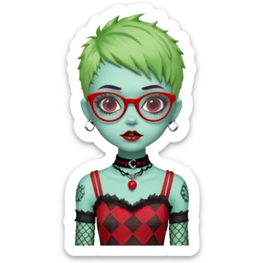 White hair, Ghoulia yelps monster high doll in scene/emo style cherry print dress with fishnet sleeves, clothes, thin, small, red, rectangle glasses, pale white-blue skin, pale-green shaggy pixie-cut , zombie scars , boy, punk choker sticker
