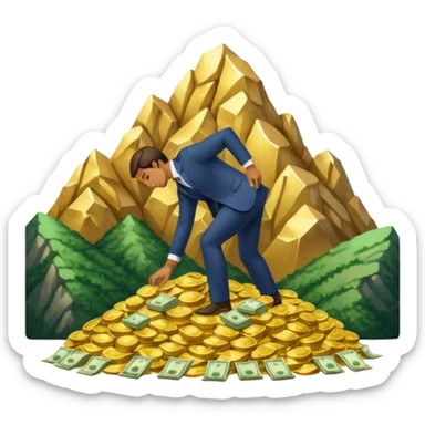 A man bows to a mountain of money sticker