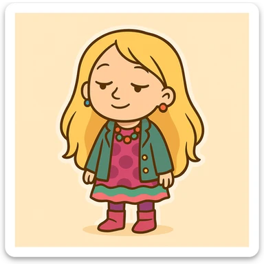 Transform the character based on Hermione into Luna Lovegood: light blonde, long, straight hair; dreamy expression; colorful eccentric clothes; maintain the chibi sticker style as in the references; light beige background. sticker