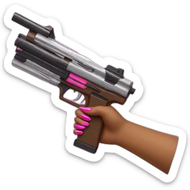 brown hand with pink nails holding large scary dark nerf gun sticker