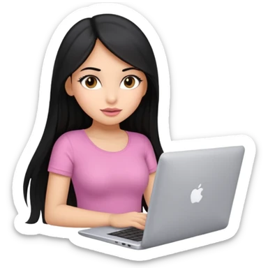 Cute adorable latina girl, straight long black hair, big eyes, plumpy big lips, working with silver laptop, thin body, pink too sticker