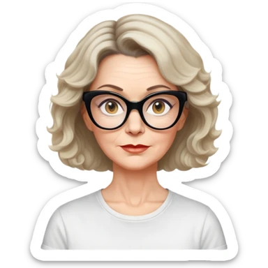 white woman about 50 years old with light warm skin, wavy black neck-length 80s short hair, neutral determined expression, large black shiny butterfly or cat-eye glasses, white casual t-shirt sticker