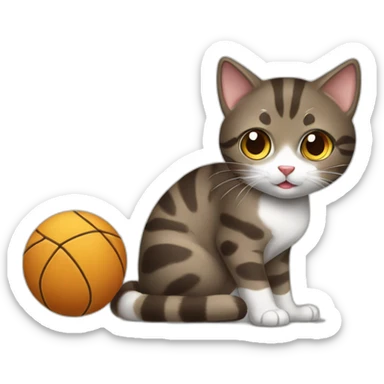 Dark brown and white Tabby Cat playing with a ball sticker