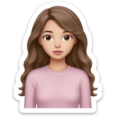 a woman with beige knit long sleeve top, her hair is long wavy brown hair, her face is soft girl style, her eyes color are black and the color of her lip is soft pink sticker