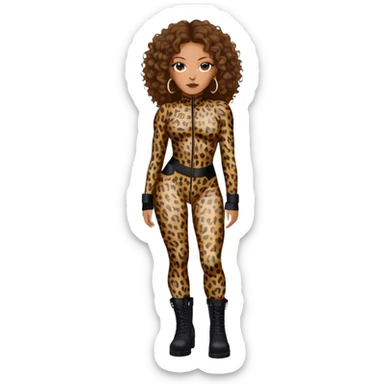 Melanie Brown with brown curls and highlights wearing a tight leopard print two piece bodysuit and black combat boots sticker
