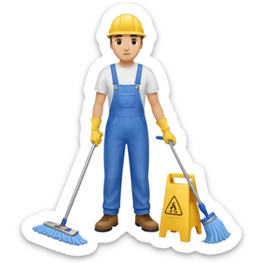 Custodian with yellow rubber gloves, white T-shirt, blue overalls, mopping floor sticker