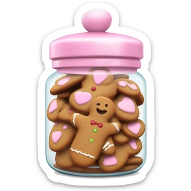 Realistic glass cookie jar with light pink lid full of gingerbread cookies isolated.  sticker