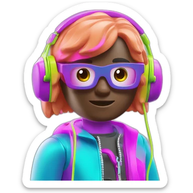 Playmobil wearing neon light clothes, having headphones sticker