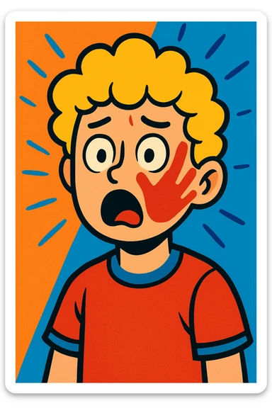 a blond white boy with curls, shocked expression, slap mark on face, vibrant toon style sticker