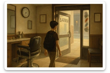 Shu odamni sartaroshxonaga kirib kelayapti  o'smirin davri rakurs ichkaridan sartaroshxona eski ham yangi ham emas bolani juda semiz qilib yuborma  u ozg'inroq bo'lsin huddi sartaroshxonani  hammadan oldin kelib ochsin sticker