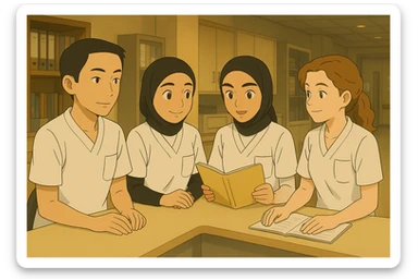 Create a team scene precisely inspired by the four nursing students in the provided photos, interacting in a care station, Ghibli style. White uniforms, V-neck medical tunics, left chest pocket, short sleeves, no classic collar, no visible accessories. Collaborative and caring atmosphere. sticker