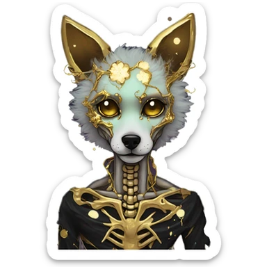 iridescent kintsugi fluffy zombie black brown gold dog fox head zombie skeleton gold mechanical nebula galaxy stars colorful flowers fairy lights vintage zombie sticker