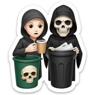 grim reaper with a coffee and trash can with papers  sticker