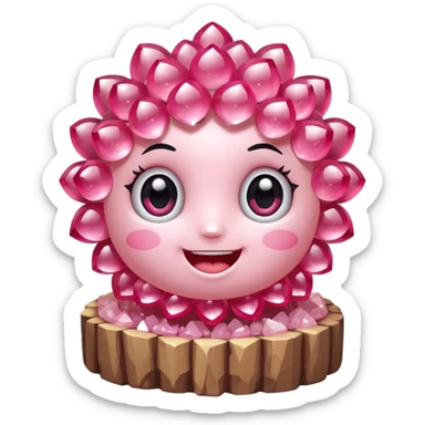 A single cute pink crystal cluster character, chunky round base with many tall rose-pink crystal quartz cluster imperfect, on the front of the base a kawaii face with big shiny eyes and a happy open smile very shiny and nothilng else sticker