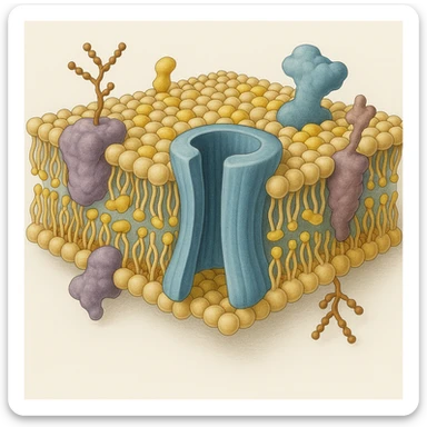 3D cross-section of a biomembrane, detailed phospholipid bilayer, integral and peripheral proteins, cholesterol, glycoproteins, large channel protein passing through the membrane, scientific illustration style sticker