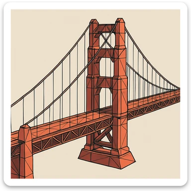 {
  "style_description": {
    "name": "Low Poly Wireframe",
    "overall_look": "Geometric abstraction with visible polygonal mesh edges and a minimal, digital aesthetic",
    "geometry": {
      "shape_type": "triangles and quadrilaterals forming faceted surfaces",
      "structure": "low-resolution polygon meshes with flat faces",
      "edge_visibility": "clear, sharp wireframe outlines around each polygon",
      "dimensionality": "3D-like forms created through flat shading and edge contours"
    },
    "linework": {
      "type": "thin or semi-bold outlines tracing all edges of the mesh",
      "style": "uniform or slightly stylized (e.g., dotted or glowing lines)",
      "color": "typically black, dark gray, or color-matched for contrast"
    },
    "color": {
      "application": "solid flat colors per polygon, without gradients",
      "palette_type": "limited, often monochromatic or with tonal variation per face",
      "highlighting": "minimal shading to emphasize surface depth without realism"
    },
    "lighting": {
      "approach": "ambient or directional lighting used sparingly to add dimension",
      "avoid": ["soft shadows", "complex reflections", "photorealism"]
    },
    "background": {
      "style": "plain or gradient backdrop to contrast mesh clarity",
      "consistency": "flat and neutral to preserve focus on wireframe structure"
    },
    "render_constraints": {
      "avoid": ["smooth surfaces", "rounded curves", "realistic textures"],
      "focus_on": ["polygon edges", "angular forms", "mesh clarity"]
    },
    "subject_treatment": {
      "representation": "simplified, stylized forms with clear geometry",
      "emphasis": "structure, volume through form and edge"
    }
  }
}

{subject} = golden gate bridge sticker