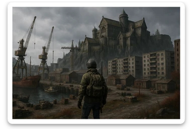 a screenshot of the game DayZ videogame, the city of "solitude" as seen in skyrim, modern evolution, industrial harbor at apartment blocks sticker