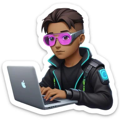 An emoji of a person with a laptop, but wearing cyberpunk glasses and with a slight neon glow sticker