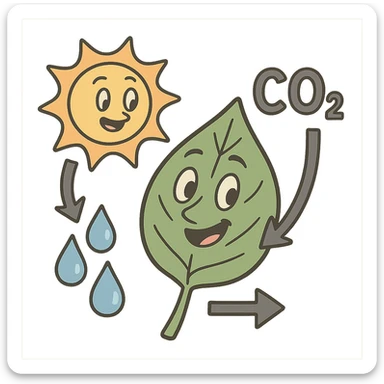 cartoon-style diagram of photosynthesis: leaf, sun, water droplets, and CO2 arrows, transparent background sticker