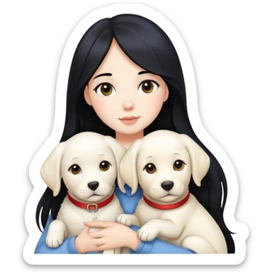 A beautiful girl with long black hair and fair skin is holding a white Labrador sticker
