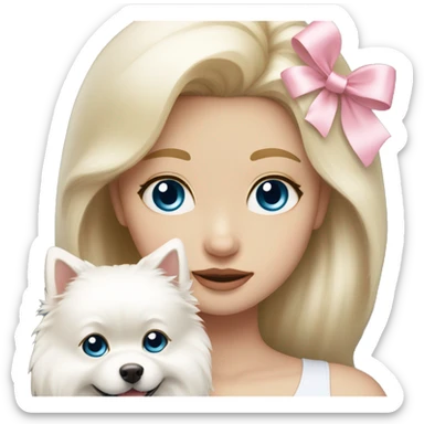 Blond girl white skin blue eyes hugging white Pomeranian with light pink bow sticker