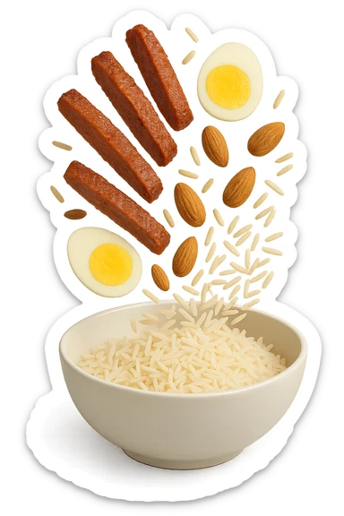 bowl bianca in cui cadono verticalmente fettine di carne, uova sode, mandorle e riso basmati sticker