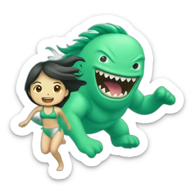 an asian girl with mint swimming suit and long hair being chased by a monster sticker