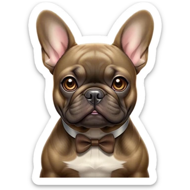 Cinematic Noble Brindle French Bulldog Portrait Emoji, Poised and regal, with a compact, muscular build and a sleek, well-groomed brindle coat accented by subtle fawn highlights, deep-set soulful dark eyes, Simplified yet sharp and sophisticated features, highly detailed, glowing with a soft, dignified glow, high shine, intelligent and determined, stylized with an air of authority, focused and attentive, soft glowing outline, capturing the essence of a watchful and confident companion, so majestic it feels as though it could strut out of the screen with effortless authority! sticker