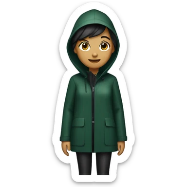 a skinny woman wearing a dark-green raincoat and black pants and dark-blue rainboots sticker