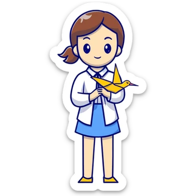 A Ukrainian young girl wearing a white embroidered shirt holds an origami yellow-blue crane sticker