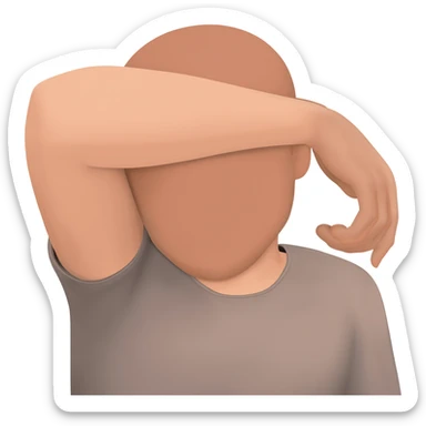 A man who is depressed with his left arm draped over his head so the inside of his left elbow is on his head and his left hand is touching his right shoulder sticker