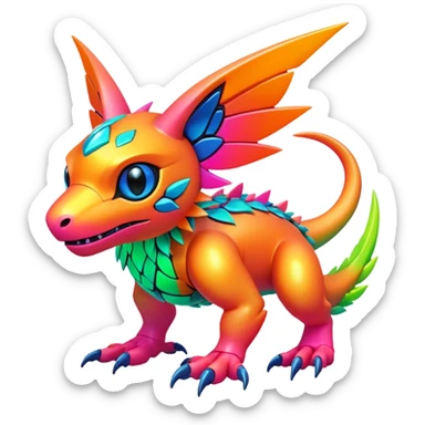 Tropical lush warm-colored modern colorful neon-colored cyber-Fakémon-Digimon-Trico-Vernid-creature sticker