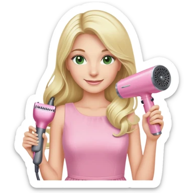 blonde with long hair and swamp eyes, wearing a pink pastel dress, holding a pink Dyson hair dryer, smiling sticker