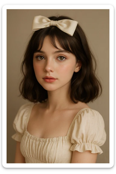 coquette girl with midi dark brown slightly wavy hair, bright skin, greenish hazel eyes, small cute lips, with a cute hair bow and soft makeup sticker