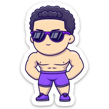 shirtless male athlete with white skin and moderately curly black hair on top with shaved sides, wearing purple sunglasses with black tinted lenses sticker