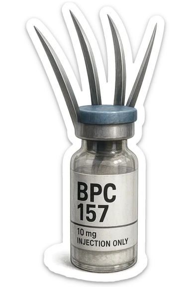  fiala medica con la scritta "BPC 157" SULL'ETICHETTA E GLI ARTIGLI DI WOLVERINE CHE SPUNTANO DA DIETRO sticker
