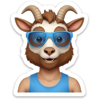 3D cartoon goat man portrait, head and shoulders, brown fur, small horns, blue reflective sunglasses, slight smile, tank top, soft lighting, centered, clean background, no text, no watermark
 sticker