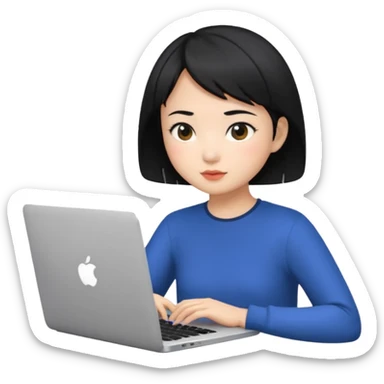 Asian girl with black short hair using Mac laptop sticker