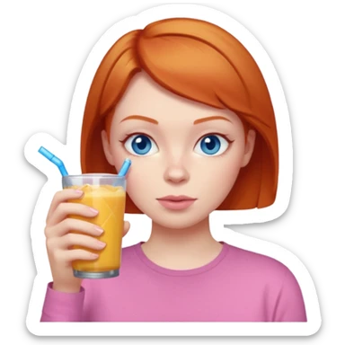ginger woman short hair, pink shirt, sipping energy drink blue eyes cosy  sticker
