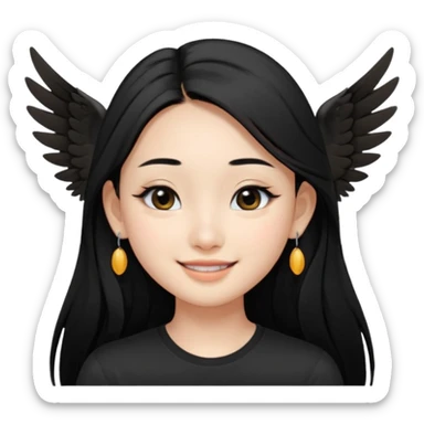 A Asian girl with fare skin and earrings, long straight black hair that is covering her checks with black eyes, smiling with a open wings eyeliner, mole near her nose of the right side sticker
