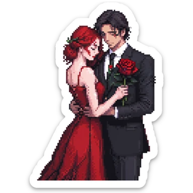 pixel art of a tango couple, man in black suit with red rose, woman in red dress, dramatic pose, close embrace, expressive, classic tango, emoji size, cute and vibrant sticker