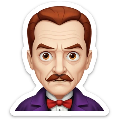 An elderly man with slicked-back reddish-brown hair, sharp brown eyes under heavy brows, and a white mustache, giving him a stern, Dracula-like appearance. sticker